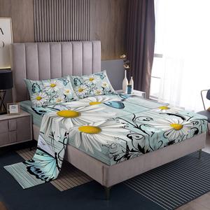 Erosebridal Комплект постельного белья Daisy Floral в стиле кантри с цветочным принтом и бабочками, материал из мягкого хлопка, цвет морской волны и серый, Multi 12