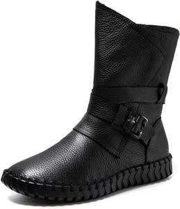 Женские ботильоны Yuizko из натуральной кожи с плоской подошвой, зимние теплые с меховой подкладкой, мягкие ручной работы, с круглым носком и боковой молнией, Black(No Fur Lined)
