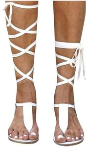 Женские пляжные сандалии ZBYY Gladiator, с T-ремешком, плоские, с ремешками до колена, перекрещивающиеся, с открытым носком, на шнуровке, шлепанцы, белый