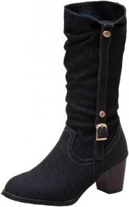 Женские джинсовые высокие ботинки на каблуке, модный стиль ковбоя с ремешком и пряжкой, длинные ботинки для вечеринок Generic, 2