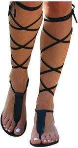 Женские пляжные сандалии ZBYY Gladiator, с T-ремешком, плоские, с ремешками до колена, перекрещивающиеся, с открытым носком, на шнуровке, шлепанцы, черный