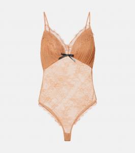 Боди из сетчатой ткани с вышитой кружевной отделкой Self-Portrait, желто-коричневый