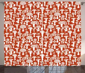 Штора для спальни ABAKUHAUS в деревенском стиле с грибами, узором Листья мухомора, с присборенной лентой, петлями и крючками, 280 x 245 см, цвет Сиена жженая Abakuhaus