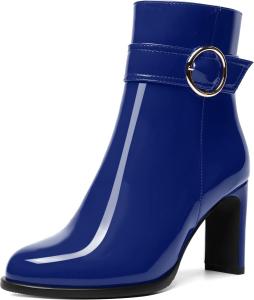 Женские ботинки MERRORI на молнии из лакированной кожи, с круглым носком, высокой платформой и каблуком 3,3 дюйма для путешествий, Royal Blue