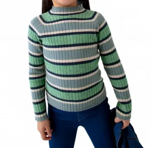 Свитер с длинными рукавами, ребристой отделкой и высоким воротником, в полоску цвета шалфея Mayoral