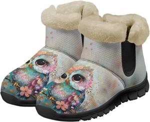 Женские зимние ботинки Jeiento Cute Owl с мехом, утепленные рабочие ботильоны с противоскользящей подошвой, Kawaii Owl Floral