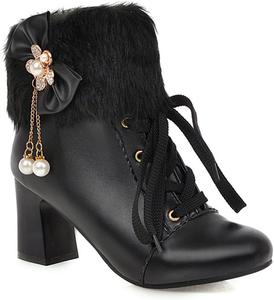 Женские пушистые ботильоны ZQW с кружевами, боковой молнией, массивным средним каблуком, цветочным узором, короткие ботинки, Лолита, для косплея и вечеринок, обувь для осени и зимы, Black