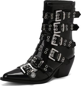 Roimaash стильная пряжка ремня готические сапоги ковбойские для женщин, ботильоны до щиколотки с массивными каблуками, ковбойские сапоги, 105 Patent-Black