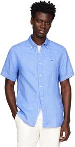 Мужские повседневные льняные рубашки Tommy Hilfiger с коротким рукавом и застежкой на пуговицы, классический крой, Blue Spell