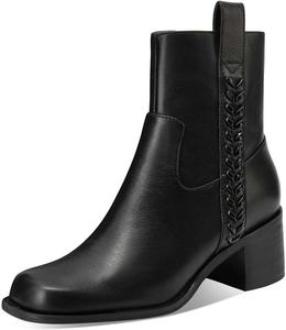 Женские ручные ботильоны TinaCus из кожи с плетеным квадратным носком, боковой молнией и устойчивым каблуком, Black