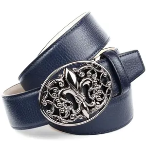 Ремень Anthoni Crown кожаный, с застежкой в ​​форме лилии, светлая спинка, синий