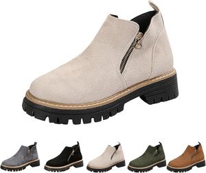 Женские ботильоны с боковой молнией, замшевые с круглым носком, низким каблуком и нескользящей подошвой, короткие ботинки с массивным каблуком, туфли для повседневной носки Generic, Beige