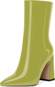 Женские модные ботильоны JUSTDANNI с молнией, для свадьбы и повседневной носки, с острым носком, лаковой отделкой, на высоком блочном каблуке, 4 дюйма, Olive Green