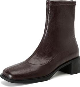 Женские кожаные ботильоны с низким массивным каблуком, носок квадратной формы, молния сзади, водонепроницаемые, теплые, с нескользящей подошвой, повседневные зимние ботинки DONRRNDK, Brown-Sigle Lining