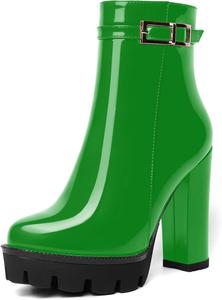 Женские ботильоны AMBELIGHT на платформе с круглым носком, однотонные, для вечеринки, с молнией, сексуальные, лакированные, массивный высокий каблук 12 см, Green