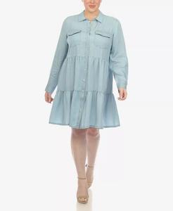 Многоярусное платье-рубашка миди больших размеров с длинными рукавами White Mark, синий