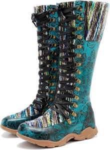 Ручная работа: женские ковбойские и рыцарские сапоги - на высоком каблуке и с плоской подошвой, из натуральной овчины, этнический и винтажный стиль для женщин и девушек Riutiru, Peacock Green