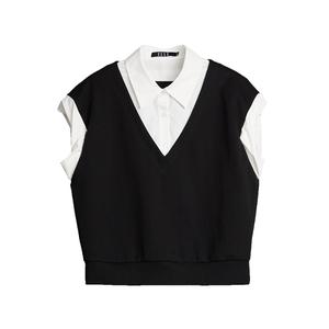 Футболка женская с воротником поло, тонкая, майка, два предмета ELLE, черный