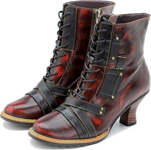 Женские ручные ретро-сапоги на высоком каблуке из овчины, красочная роспись, металлический стиль - модные, удобные, прочные, уникальный стиль меньшинств Riutiru, Red-3