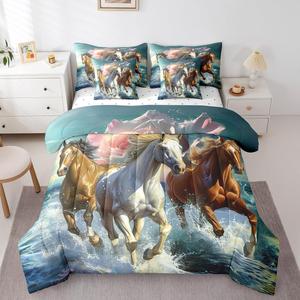 Erosebridal Комплект постельного белья Boys Horse с комфортером в дизайне скачущих лошадей и розовыми цветочными принтами для детской комнаты, Blue Brown