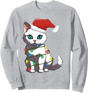 Рождественская толстовка с изображением кота и гирлянд для мам, пап и девочек Funny Cat Christmas Lights, серый