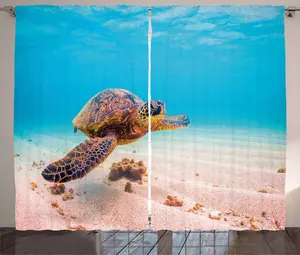 Штора в гавайском деревенском стиле ABAKUHAUS, Морская черепаха под водой, присборенная штора для спальни с петлями и крючками, 280 x 245 см, цвет Аквамарин-коричный Abakuhaus