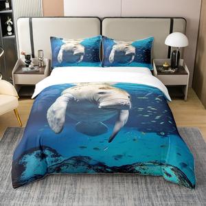 Erosebridal Хлопковый комплект постельного белья Manatee с принтом морских млекопитающих и рыб в голубых тонах, Multi 08