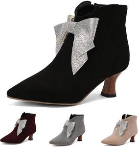 Женские замшевые ботильоны с бантом и стразами, модные, с заостренным носком, боковой молнией, средней высоты каблуком, для официального и делового стиля, свадеб и вечеринок ZLNMLD, Black