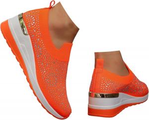 Блестящие кроссовки с кристаллами для женщин, блестящие сетчатые слипоны на платформе с танкеткой, дышащие сверкающие обувь Generic, Orange