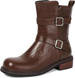 Женские западные плоские ботильоны для верховой езды на низком каблуке с молнией и пряжкой, с круглым носком, осенние нарядные короткие ботинки JOEUSTY, Brown