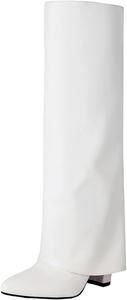 Женские сапоги до колена с отворотом, массивный высокий каблук, длинные сапоги с молнией, заостренный носок, праздничные высокие сапоги для женщин Generic, White