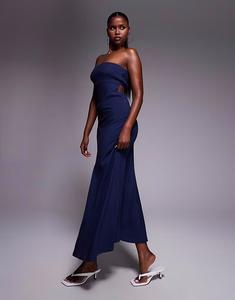 Длинное платье-бандо Yahir из льна с присборенной спинкой и вырезом, темно-синего цвета Princess Polly