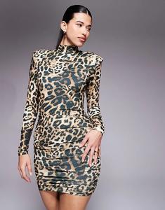 Мини-платье с леопардовым принтом, длинными рукавами и высоким воротом, с отделкой Ruched & Ready Eyes On You и съемными подплечниками