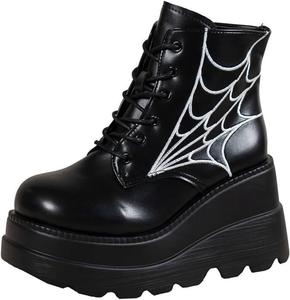 Generic Женские ботильоны на платформе с клиновидным каблуком, панк-готика, слипоны, массивные мотоциклетные ботинки с шнуровкой, с круглым носком, байкерские ботинки черного цвета с заклепками, военные ботинки для женщин