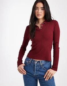 ONLY ребристое поло с длинным рукавом светло-бордового цвета