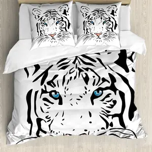 Пододеяльник ABAKUHAUS Tattoo, тигровый, с синими глазами, с защитой от клещей, подходит для аллергиков, с наволочками, 200 x 200 см - 80 x 80 см, белый, черный и синий Abakuhaus