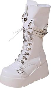 Женские готические ботинки на платформе, средние по голени с высоким каблуком, зимние ботинки до колена с массивным каблуком, панк-рейв ботинки, кружевные боевые ботильоны для девушек, размеры 5.5-11 Generic, White