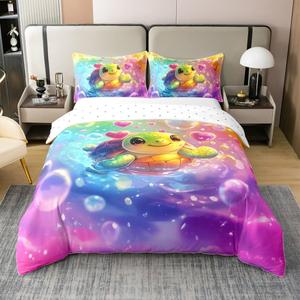 Erosebridal Комплект постельного белья Turtle из 100% хлопка с морскими черепашками и радужными сердцами, Green Purple