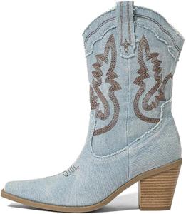 Женские ковбойские ботинки Kluolandi Denim, короткие поношенные ковбойские ботинки с заостренным носком, вышивкой и западным стилем на щиколотку, Light Blue