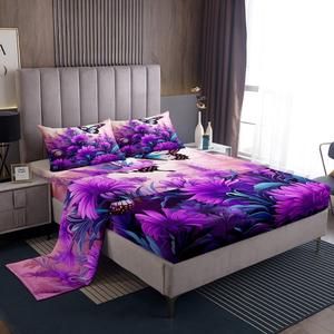 Erosebridal Комплект постельного белья Girls Butterfly с цветочным принтом и листьями, фиолетовый декор, 4 предмета, Purple Green