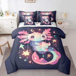 Erosebridal Комплект постельного белья 3D Cute Axolotl Full Size с мультяшным аксолотлем и галактическим принтом, Pink Black Yellow