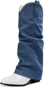 Женские джинсовые ковбойские ботинки UniqueStride с отворотом до середины икры, западный стиль, округлый носок, массивный каблук, ковбойские ботинки с заклепками, Blue Long