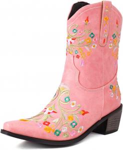 Женские ковбойские сапоги Alyaafifa Western с вышивкой, массивные каблуки, закрытый носок, средняя голень, ботильоны, осенне-зимняя нарядная обувь, Pink
