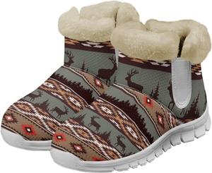 Новинка! Ботильоны на шнуровке для женщин, эластичная зимняя обувь, нескользящая подошва, пушистые ботинки, теплые фланелевые снежные сапоги Glomenade, Southwest Aztec Deer