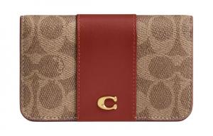 Визитница из холста с телячьей кожей ультратонкая мини-картхолдер женская латунь, корица, ржаво-красный COACH