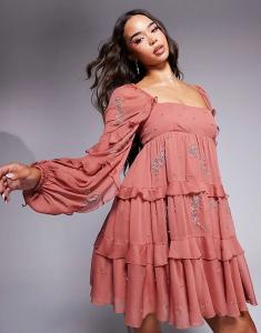 Мини-платье ASOS DESIGN с оборками, темно-розового цвета