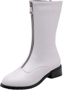 Женские байкерские ботинки с низким массивным каблуком, длиной до середины голени с передней молнией XIEPP, White