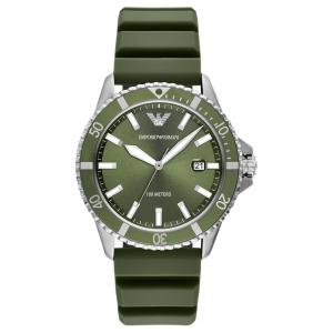 Исследователь мира с тремя стрелками и датой на зеленом силиконовом ремешке EMPORIO ARMANI