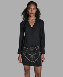 Женская блузка с длинными рукавами, асимметричным низом и имитацией запаха BCBG, Black