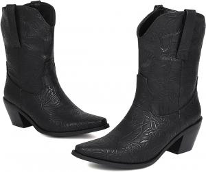 Женские кожаные ковбойские сапоги AMAZIDEAL с принтом, средние по голени, модные заостренные ботильоны на массивном каблуке, на широкую икру, удобные нескользящие ковбойские ботинки, Black